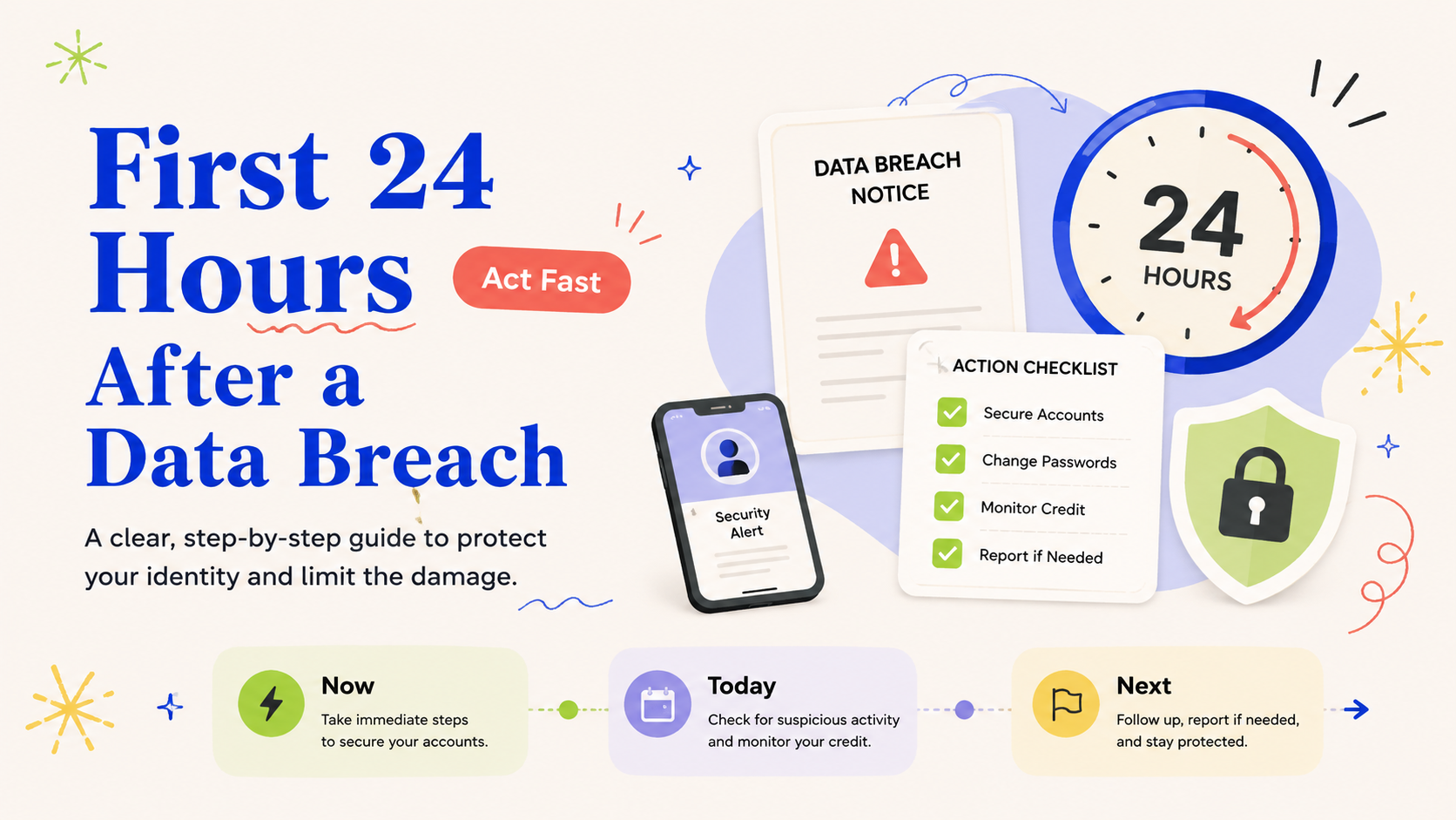 Illustrated action card for what to do in the first 24 hours after a data breach notice