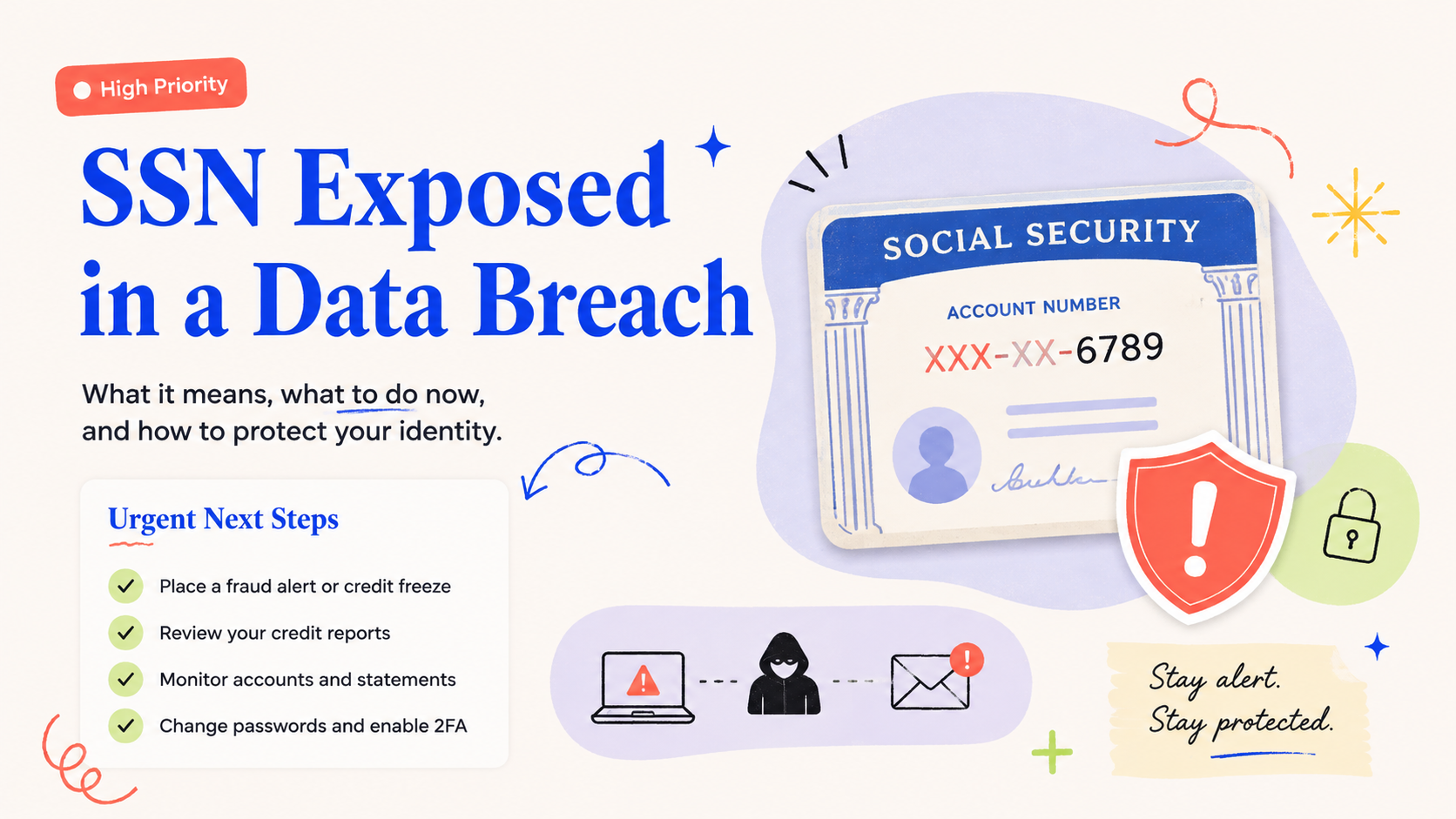 Illustrated action card for social security number exposed in a data breach: what to do next
